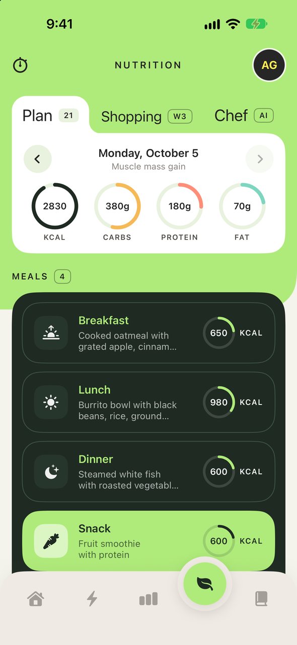 xRun's Nutrition screen: the day's calories and macros and the meals of the meal plan for runners