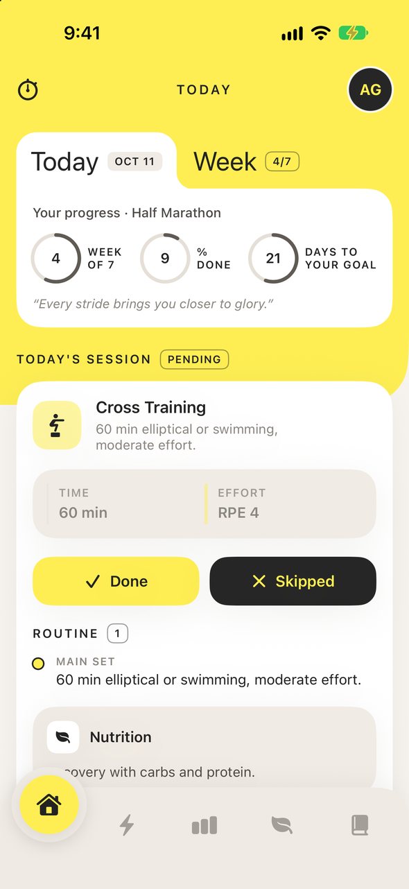 xRun's Today screen: plan week, percent done, days to your goal and today's session